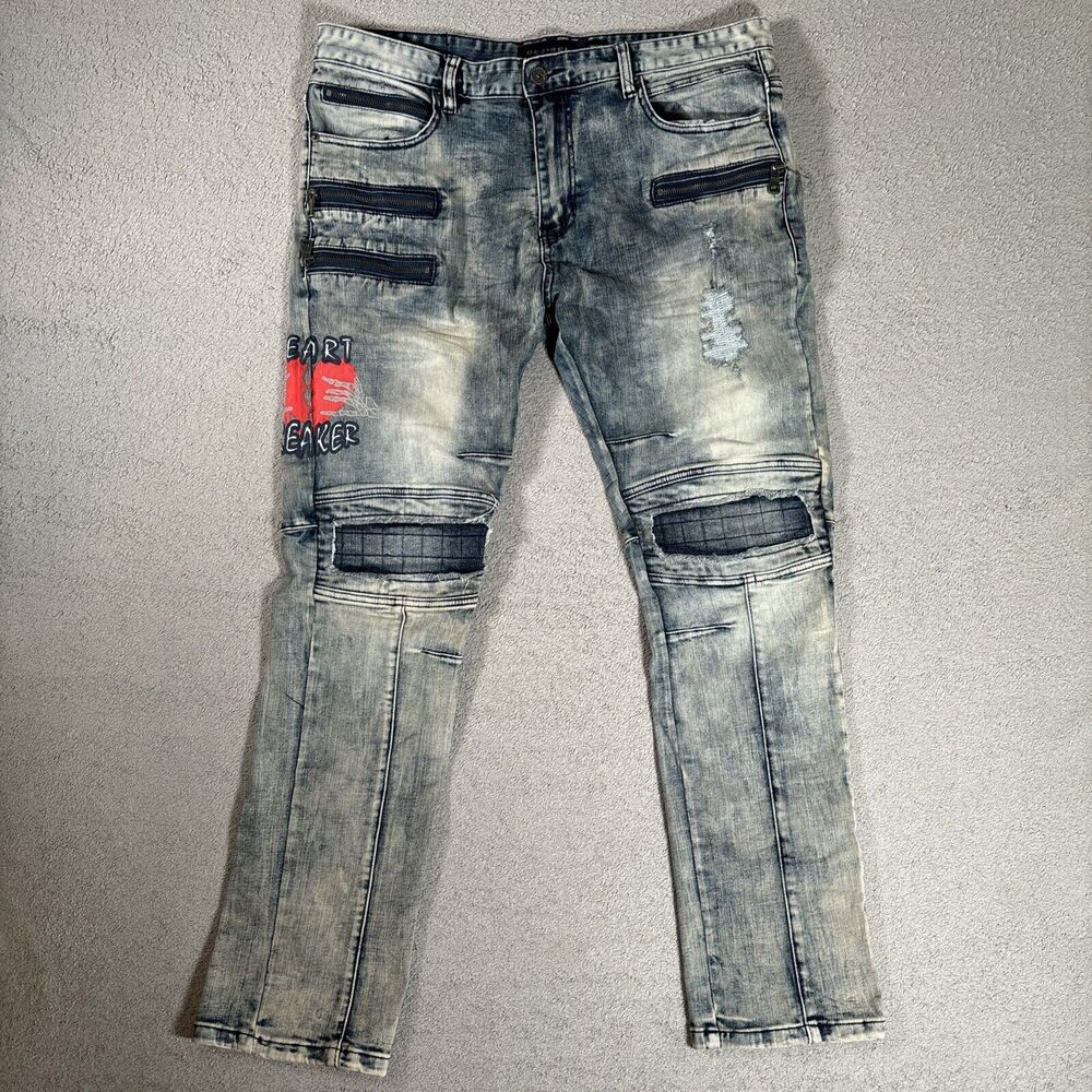 Decibel Jeans Mens 38x30  Denim Acid Wash Distressed Rip Paint Splatter Graffiti